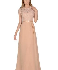 Long Gray Dress With Short-Sleeved Lace Bodice By Poly USA