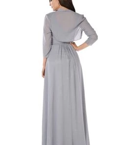 Long Gray V-Neck Dress With Bolero Jacket By Poly USA