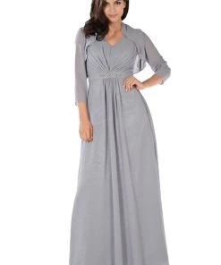 Long Gray V-Neck Dress With Bolero Jacket By Poly USA