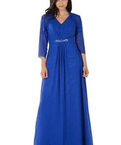 Long Gray V-Neck Dress With Bolero Jacket By Poly USA