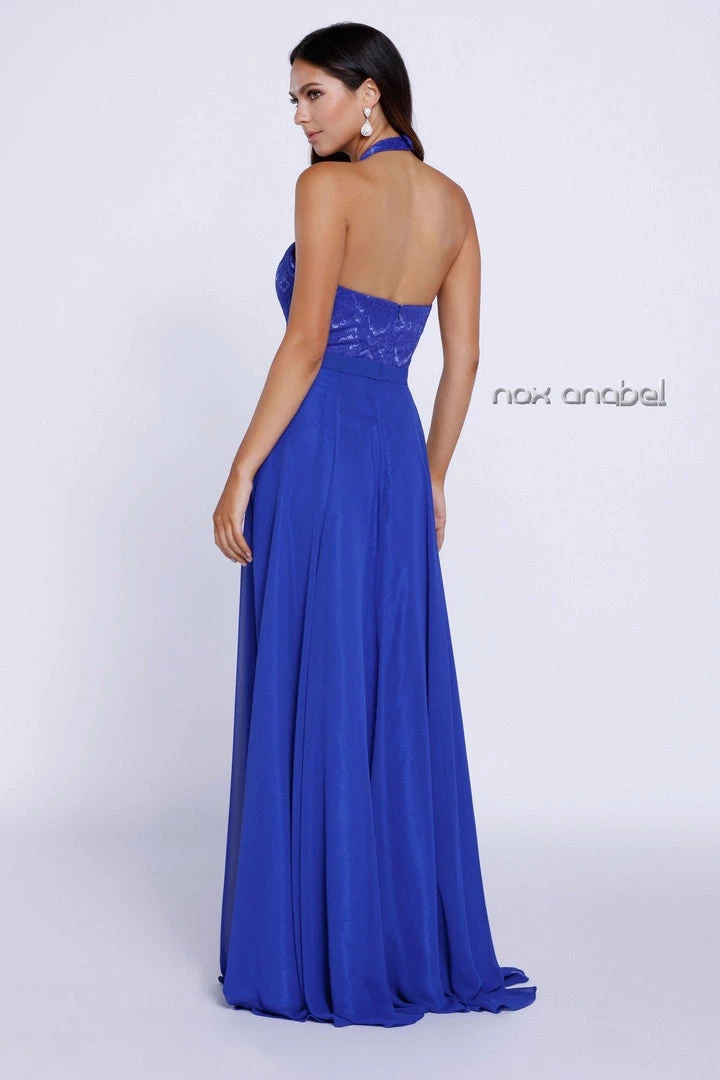 Prom Long Halter Chiffon Dress With Lace Bodice By Nox Anabel 8233 8 Prom Long Halter Chiffon Dress With Lace Bodice By Nox Anabel 8233