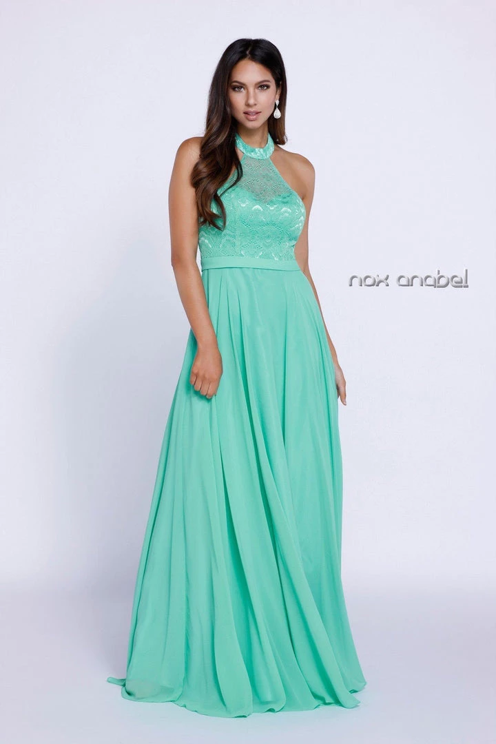 Prom Long Halter Chiffon Dress With Lace Bodice By Nox Anabel 8233 5 Prom Long Halter Chiffon Dress With Lace Bodice By Nox Anabel 8233
