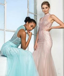 Long Halter Dress With Beaded Illusion Top By Elizabeth K GL2330 Prom