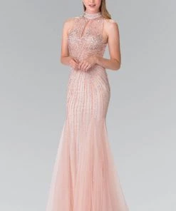 Long Halter Dress With Beaded Illusion Top By Elizabeth K GL2330 Prom
