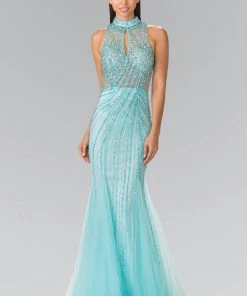Long Halter Dress With Beaded Illusion Top By Elizabeth K GL2330 Prom