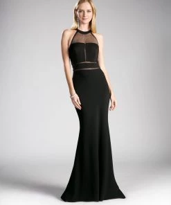 Long Halter Dress With Illusion Cutouts By Cinderella Divine CF088