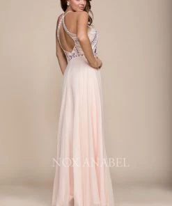 Long Halter Illusion Dress With Jeweled Bodice By Nox Anabel 8276