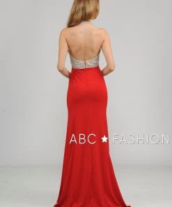 Long Halter V-Neck Dress With Beaded Bodice By Poly USA 8276