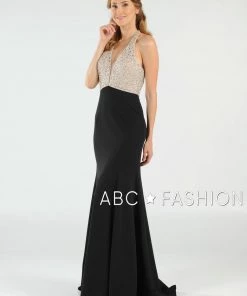 Long Halter V-Neck Dress With Beaded Bodice By Poly USA 8276