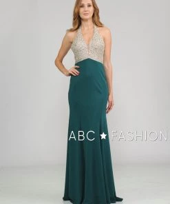 Long Halter V-Neck Dress With Beaded Bodice By Poly USA 8276