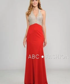 Long Halter V-Neck Dress With Beaded Bodice By Poly USA 8276