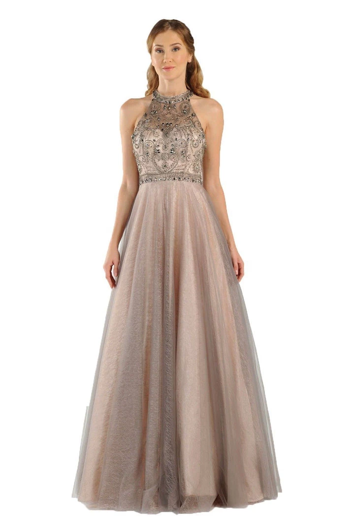 Long High-Neck Champagne Dress With Sheer Back By Poly USA 7984 5 Long High-Neck Champagne Dress With Sheer Back By Poly USA 7984