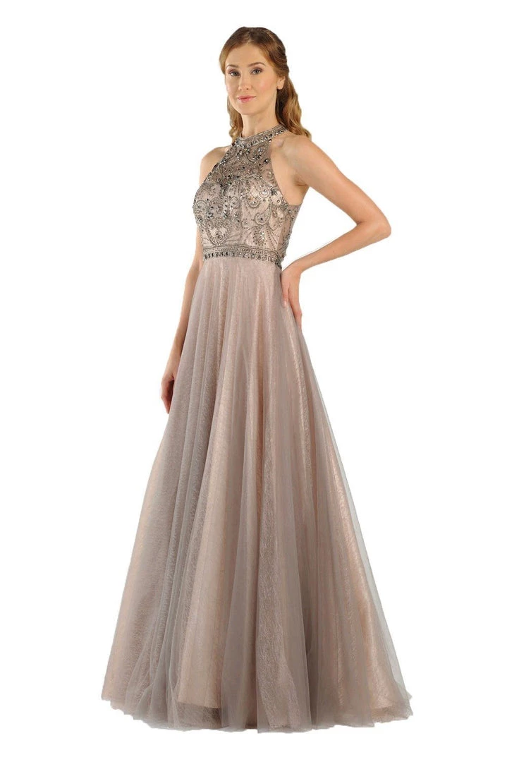 Long High-Neck Champagne Dress With Sheer Back By Poly USA 7984 3 Long High-Neck Champagne Dress With Sheer Back By Poly USA 7984