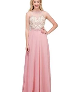 Starbox Long High Neck Dress With Beaded Illusion Bodice By Star Box 6333