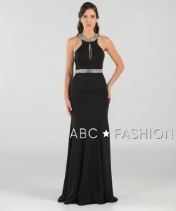 Long High-Neck Dress With Beaded Keyhole Bodice By Poly USA 8066 Prom 13 Long High-Neck Dress With Beaded Keyhole Bodice By Poly USA 8066 Prom