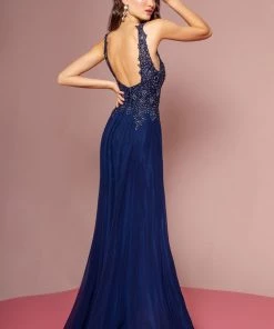 Long High Neck Dress With Sheer Applique Top By Elizabeth K GL2690