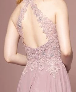 Long High Neck Dress With Sheer Applique Top By Elizabeth K GL2690