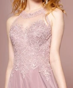 Long High Neck Dress With Sheer Applique Top By Elizabeth K GL2690