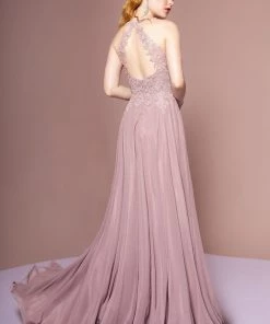 Long High Neck Dress With Sheer Applique Top By Elizabeth K GL2690