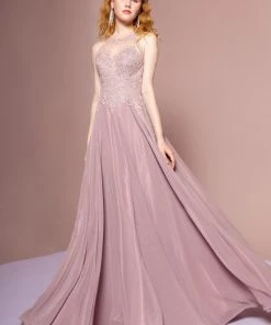 Long High Neck Dress With Sheer Applique Top By Elizabeth K GL2690
