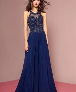 Long High Neck Dress With Sheer Applique Top By Elizabeth K GL2690