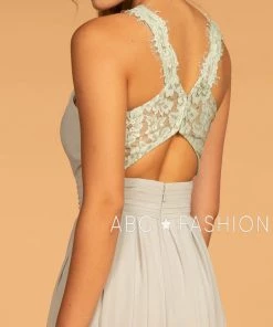 Long High-Neck Halter Dress With Lace Details By Elizabeth K GL2605 Prom