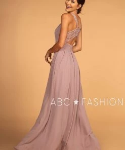 Long High-Neck Halter Dress With Lace Details By Elizabeth K GL2605 Prom