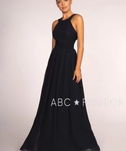 Long High-Neck Halter Dress With Lace Details By Elizabeth K GL2605 Prom