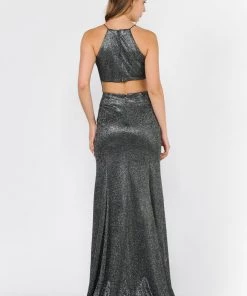 Prom Long High-Neck Metallic Glitter Dress By Poly USA 8386