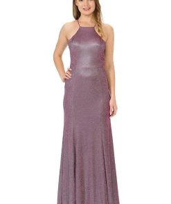 Prom Long High-Neck Metallic Glitter Dress By Poly USA 8386