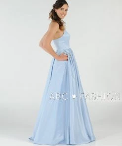 Long High Neck Satin Dress With Pockets By Poly USA 8272