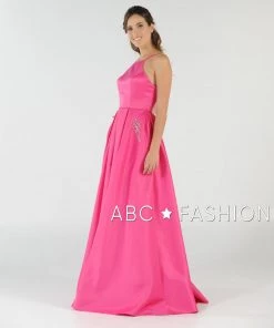 Long High Neck Satin Dress With Pockets By Poly USA 8272