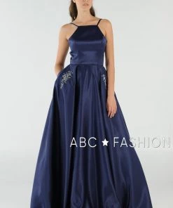 Long High Neck Satin Dress With Pockets By Poly USA 8272