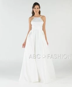 Long High Neck Satin Dress With Pockets By Poly USA 8272
