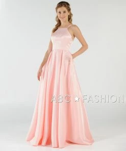 Long High Neck Satin Dress With Pockets By Poly USA 8272