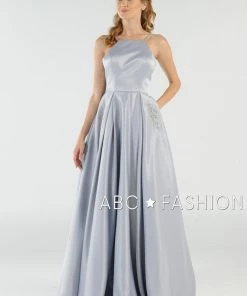 Long High Neck Satin Dress With Pockets By Poly USA 8272