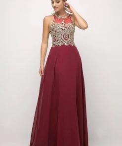 Applique Long Illusion Dress By Cinderella Divine UJ0120