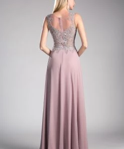 Applique Long Illusion Dress By Cinderella Divine 2635