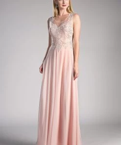 Applique Long Illusion Dress By Cinderella Divine 2635