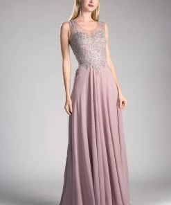 Applique Long Illusion Dress By Cinderella Divine 2635