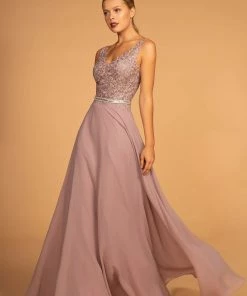 Long Illusion V-Neck Dress With Embroidered Top By Elizabeth K GL2653 23 Long Illusion V-Neck Dress With Embroidered Top By Elizabeth K GL2653