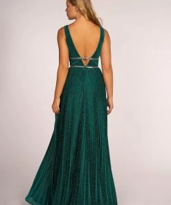 Prom Long Illusion V-Neck Metallic Dress By Elizabeth K GL2501