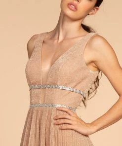 Prom Long Illusion V-Neck Metallic Dress By Elizabeth K GL2501