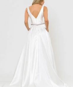 Long Illusion V-Neck Mikado Dress By Poly USA 8682 Prom