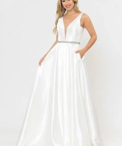 Long Illusion V-Neck Mikado Dress By Poly USA 8682 Prom