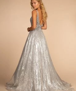 Long Illusion V-Neck Sequin Dress By Elizabeth K GL2652 Prom