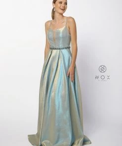Long Metallic Dress With Illusion Neckline By Nox Anabel M271 Prom 13 Long Metallic Dress With Illusion Neckline By Nox Anabel M271 Prom