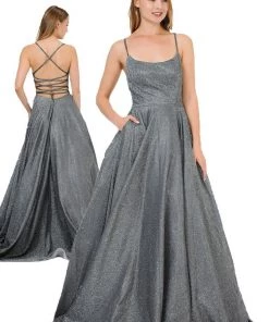 Long Iridescent Glitter Dress With Open Corset Back By Poly USA 8458