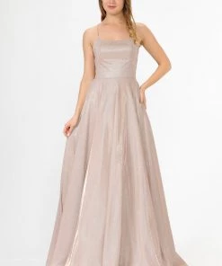 Long Iridescent Glitter Dress With Open Corset Back By Poly USA 8458