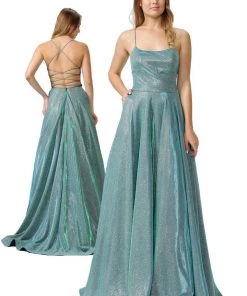 Long Iridescent Glitter Dress With Open Corset Back By Poly USA 8458